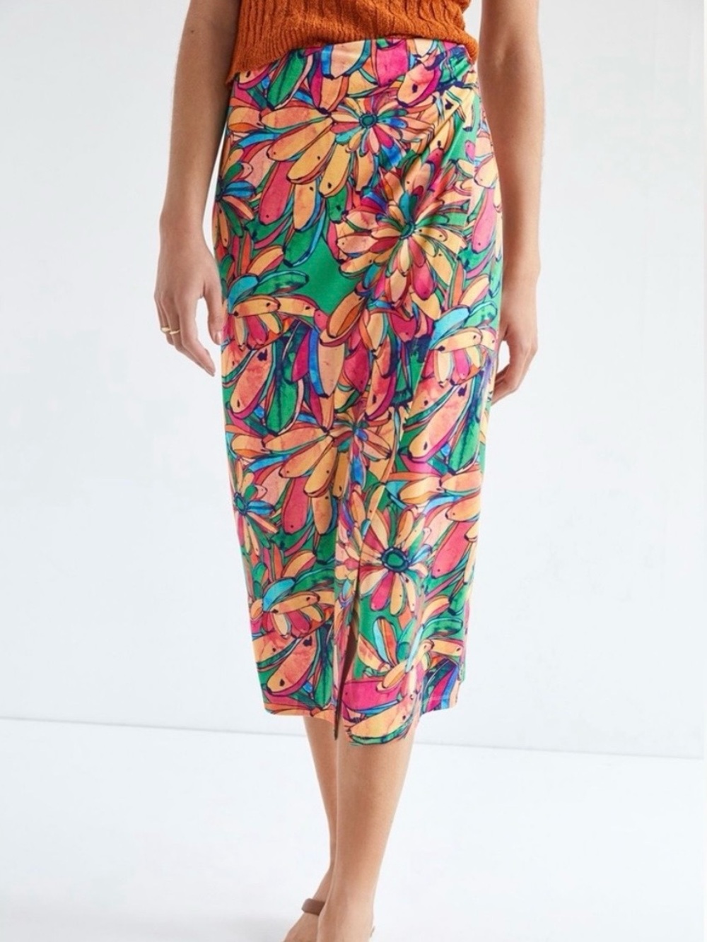FARM Rio Green Floral Midi Skirt with Pink and Orange Accents